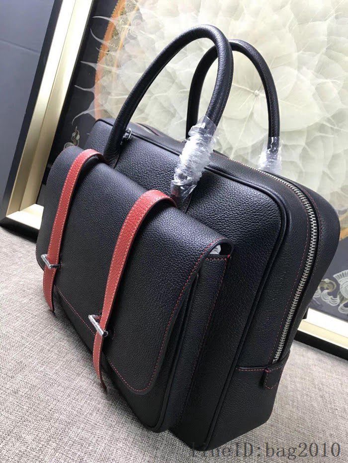 愛馬仕HERMES H家 郵差包 男女插袋款 超大容量 進口原廠皮 黑色/紅帶 可手提斜挎 出差必備單品  tdher1364